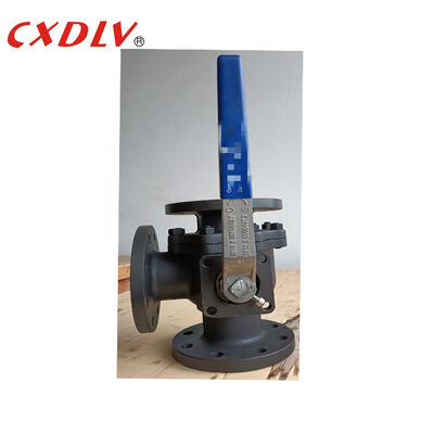 Válvula de esfera flangeada de porta L de aço carbono de 3 vias com almofada de montagem ISO5211 com conexão de alavanca de alça JIS10K